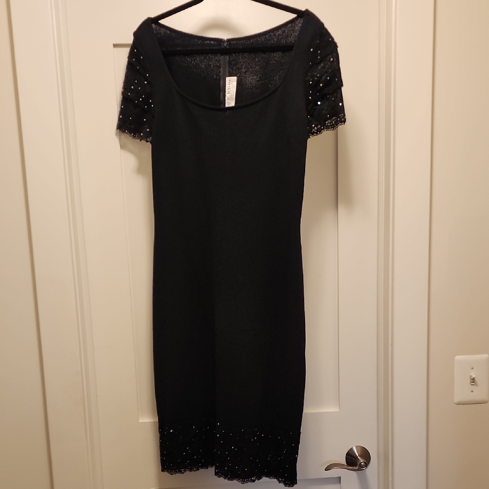 St. John Collection Black Mini Dress with Embellished Sleeves